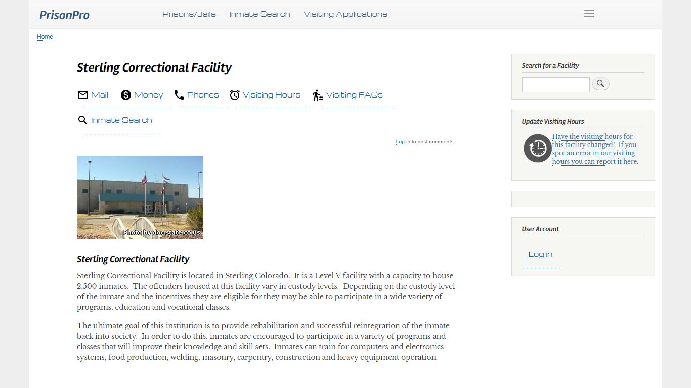 Sterling Correctional Facility Visiting hours, inmate phones, mail